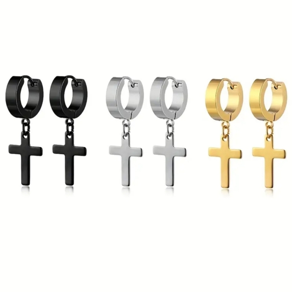 3 Pair Stainless Steel Cross Earrings Buckle - Picture 3 of 3